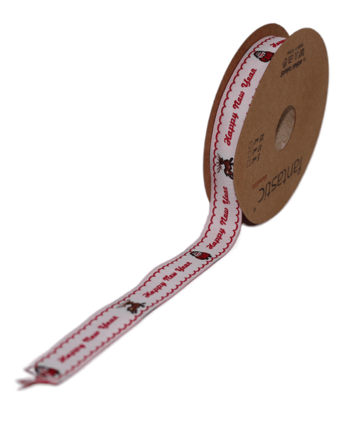 Desenli Yılbaşı Kurdele - Happy New Year Beyaz 16mm x 10m 16483