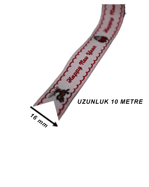 Desenli Yılbaşı Kurdele - Happy New Year Beyaz 16mm x 10m 16483
