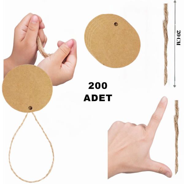 Kraft Ürün Fiyat Etiketi - 200 Adet, Yuvarlak Tebrik Etiketi & 200 Adet Hasır Jüt İp (20 Cm) Seti- 1 Adet Hediye Beyaz Kalem