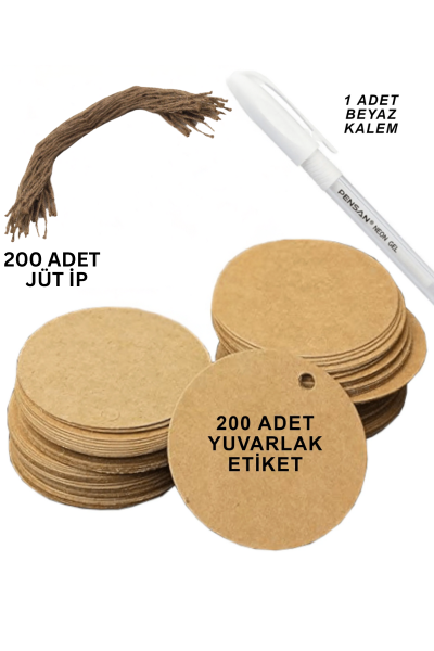 Kraft Ürün Fiyat Etiketi - 200 Adet, Yuvarlak Tebrik Etiketi & 200 Adet Hasır Jüt İp (20 Cm) Seti- 1 Adet Hediye Beyaz Kalem