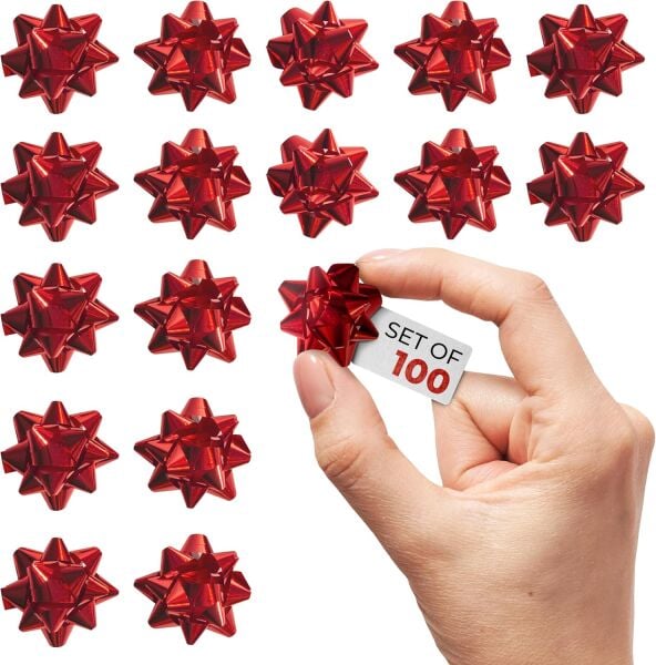 Kendinden Yapışkanlı Kırmızı Metalik Yıldız Rafya 100 adet - 1'' (2.5 cm) Fiyonk