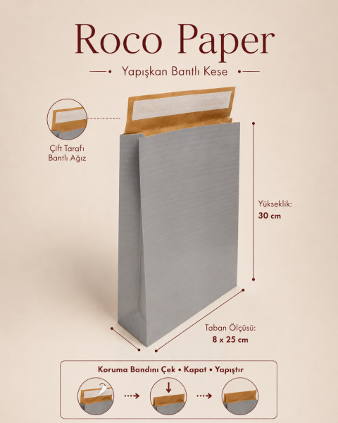 Roco Paper Bantlı Hediye Zarfı 25x30x8 cm Kese  - Gümüş 24'lü Paket