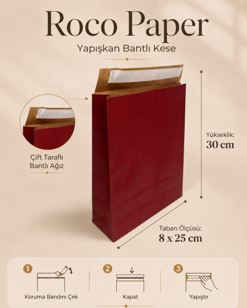 Roco Paper Bantlı Hediye Zarfı 25x30x8 cm Kese  - Bordo 24'lü Paket