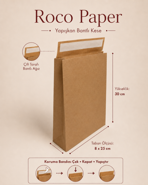 Roco Paper Bantlı Hediye Zarfı 25x30x8 cm Kese  - Kraft 24'lü Paket