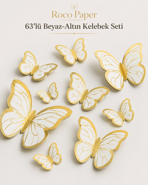 Kelebek Pasta ve Balon Zinciri Süsü 63 Adet 4-6 Cm Gold Yaldızlı Sert Karton Parti Süs - Beyaz