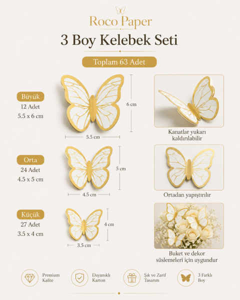Kelebek Pasta ve Balon Zinciri Süsü 63 Adet 4-6 Cm Gold Yaldızlı Sert Karton Parti Süs - Beyaz