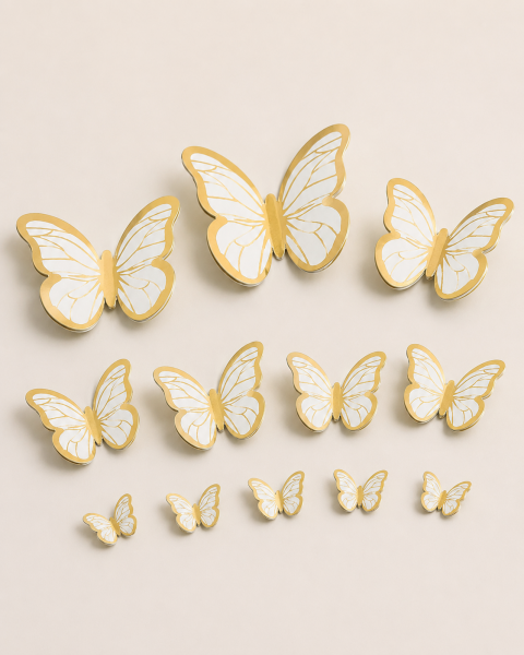 Kelebek Pasta ve Balon Zinciri Süsü 63 Adet 4-6 Cm Gold Yaldızlı Sert Karton Parti Süs - Beyaz
