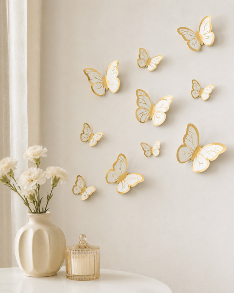 Kelebek Pasta ve Balon Zinciri Süsü 63 Adet 4-6 Cm Gold Yaldızlı Sert Karton Parti Süs - Beyaz