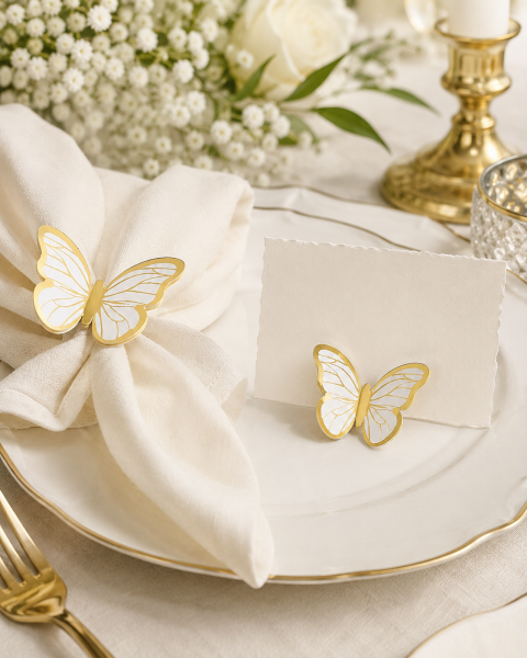 Kelebek Pasta ve Balon Zinciri Süsü 63 Adet 4-6 Cm Gold Yaldızlı Sert Karton Parti Süs - Beyaz