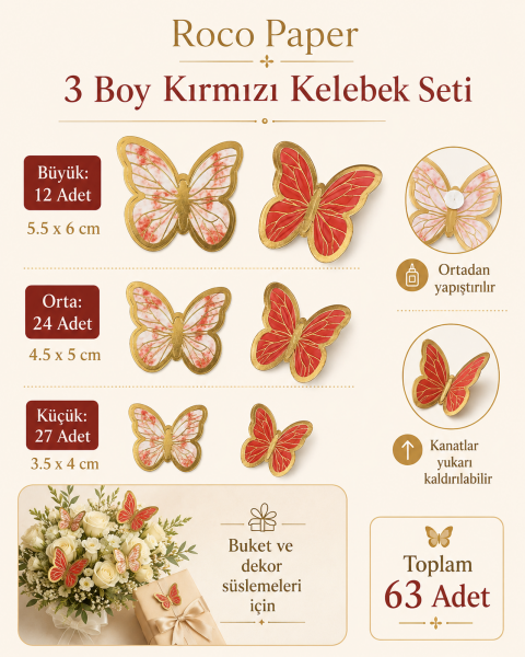 Kelebek Pasta ve Balon Zinciri Süsü 63 Adet 4-6 Cm Gold Yaldızlı Sert Karton Parti Süs