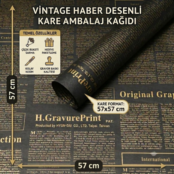 Gazete Desenli Çiçek Ambalaj Kağıdı 5li, Çift Baskı Mat OPP Hediye Buket Kağıdı, Siyah, 57x57 Cm