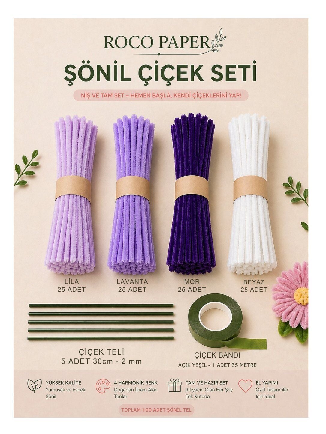 Şönil Çiçek Yapım Seti-100lü, DIY Şönil Tel, Çiçek Teli ve Bant Kiti (Beyaz, Lila, Lavanta, Mor)