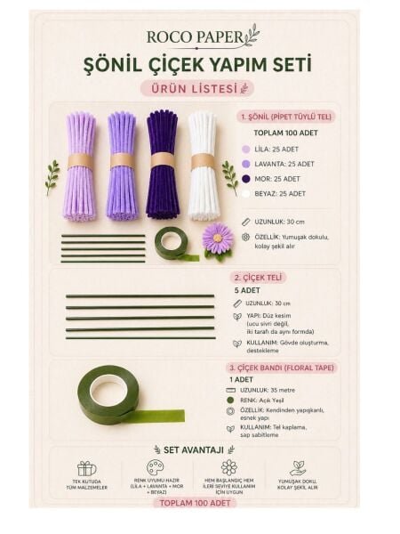 Şönil Çiçek Yapım Seti-100lü, DIY Şönil Tel, Çiçek Teli ve Bant Kiti (Beyaz, Lila, Lavanta, Mor)