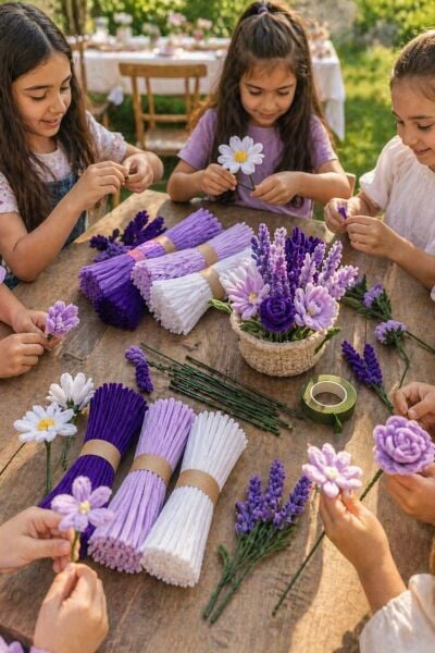Şönil Çiçek Yapım Seti-100lü, DIY Şönil Tel, Çiçek Teli ve Bant Kiti (Beyaz, Lila, Lavanta, Mor)
