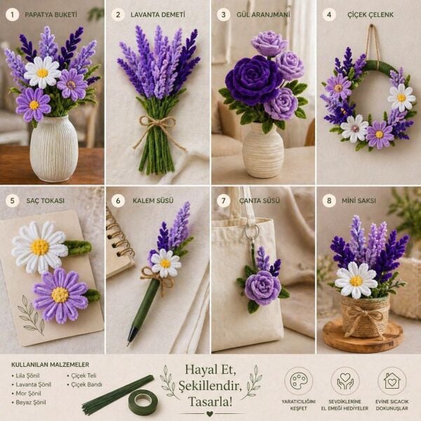 Şönil Çiçek Yapım Seti-100lü, DIY Şönil Tel, Çiçek Teli ve Bant Kiti (Beyaz, Lila, Lavanta, Mor)