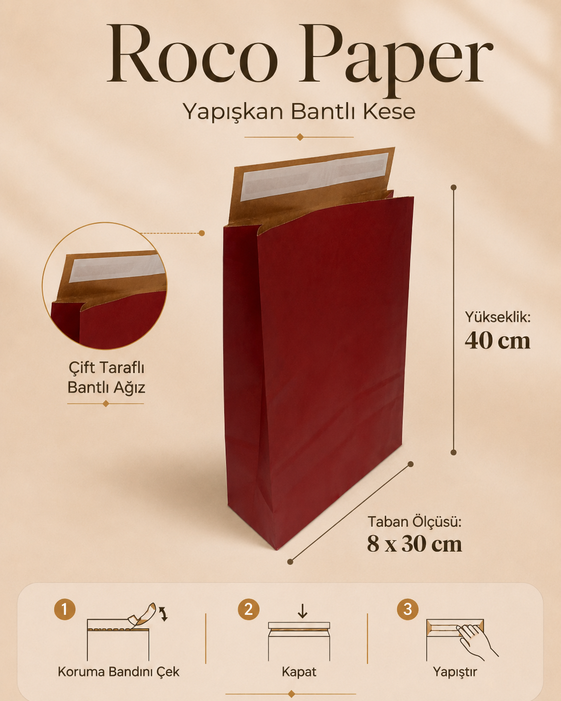 Roco Paper Bantlı Hediye Zarfı 30x40x10 cm Kese - Bordo 24'lü Paket