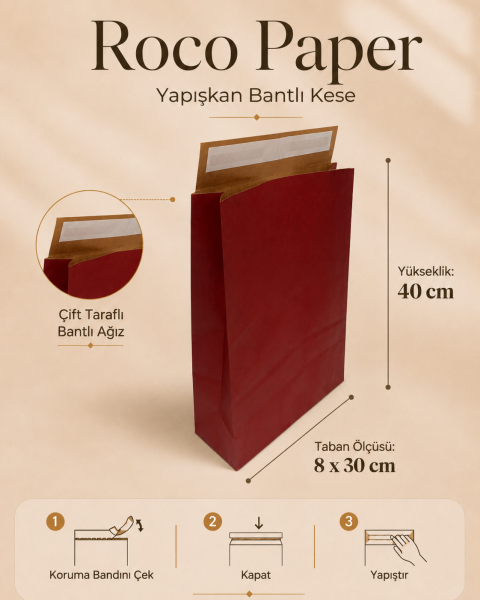Roco Paper Bantlı Hediye Zarfı 30x40x10 cm Kese - Bordo 24'lü Paket