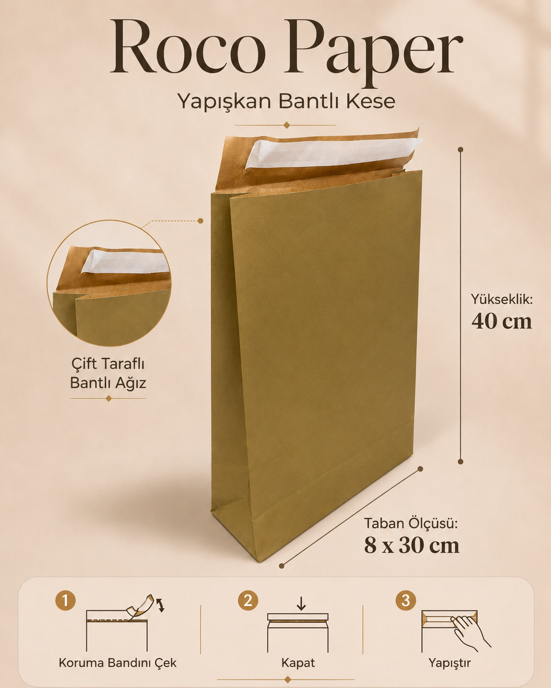 Roco Paper Bantlı Hediye Zarfı 30x40x10 cm Kese - Altın 24'lü Paket