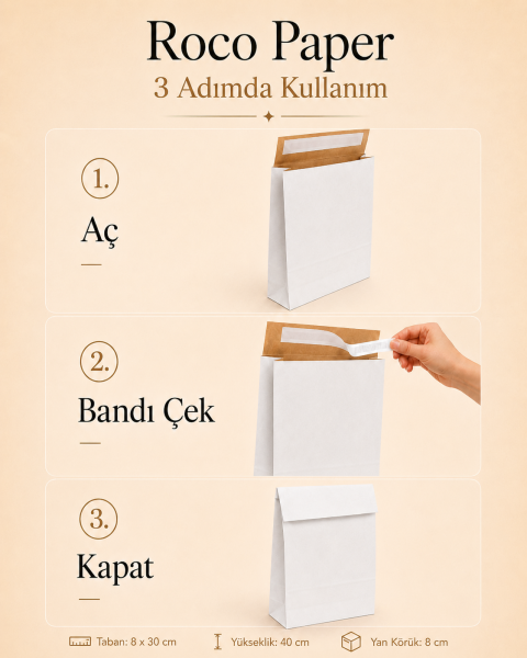 Roco Paper Bantlı Hediye Zarfı 30x40x10 cm Kese - Beyaz 24'lü Paket