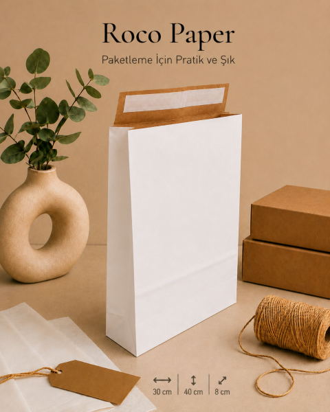 Roco Paper Bantlı Hediye Zarfı 30x40x10 cm Kese - Beyaz 24'lü Paket