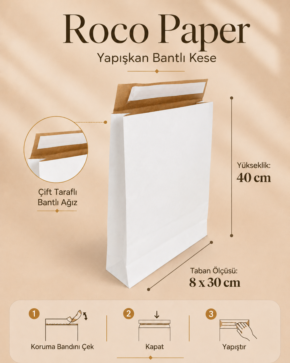 Roco Paper Bantlı Hediye Zarfı 30x40x10 cm Kese - Beyaz 24'lü Paket