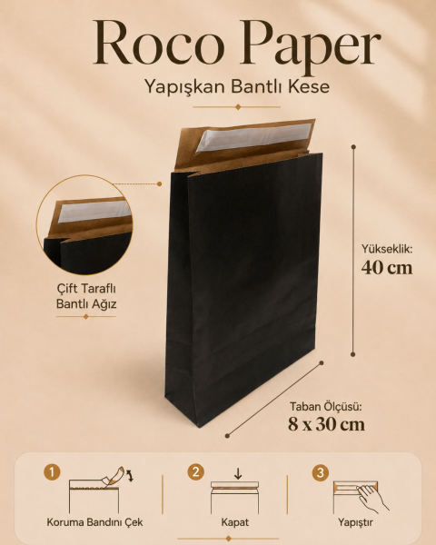Roco Paper Bantlı Hediye Zarfı 30x40x10 cm Kese - Siyah 24'lü Paket