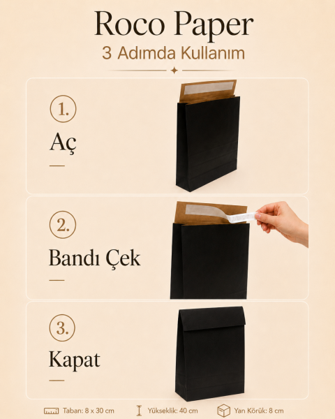 Roco Paper Bantlı Hediye Zarfı 30x40x10 cm Kese - Siyah 24'lü Paket