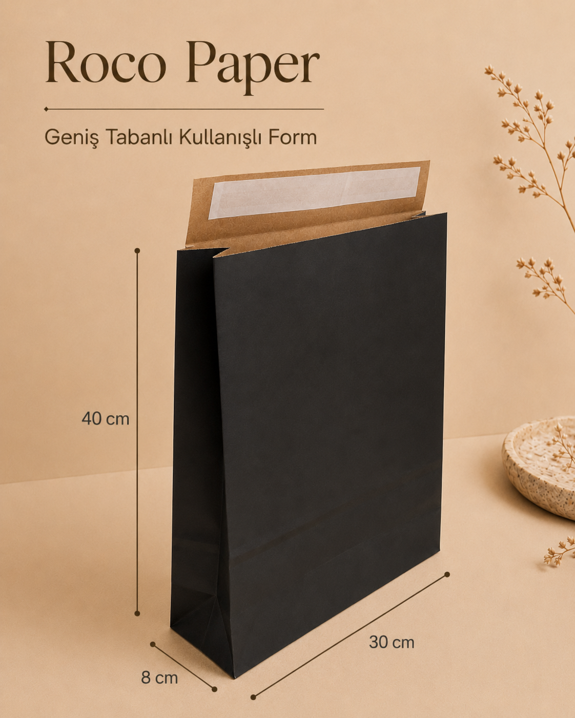 Roco Paper Bantlı Hediye Zarfı 30x40x10 cm Kese - Siyah 24'lü Paket