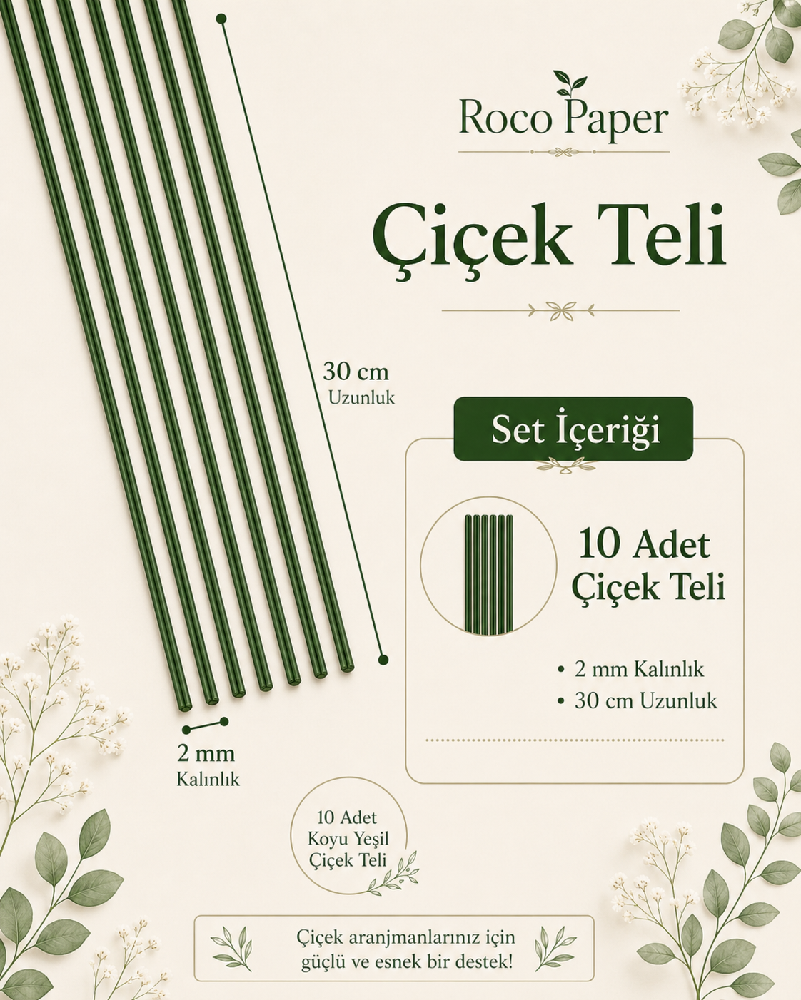 PVC Plastik Kaplı Çiçek Teli 2 mm. 30 cm - 10 Adet Bitki Sabitleme Teli