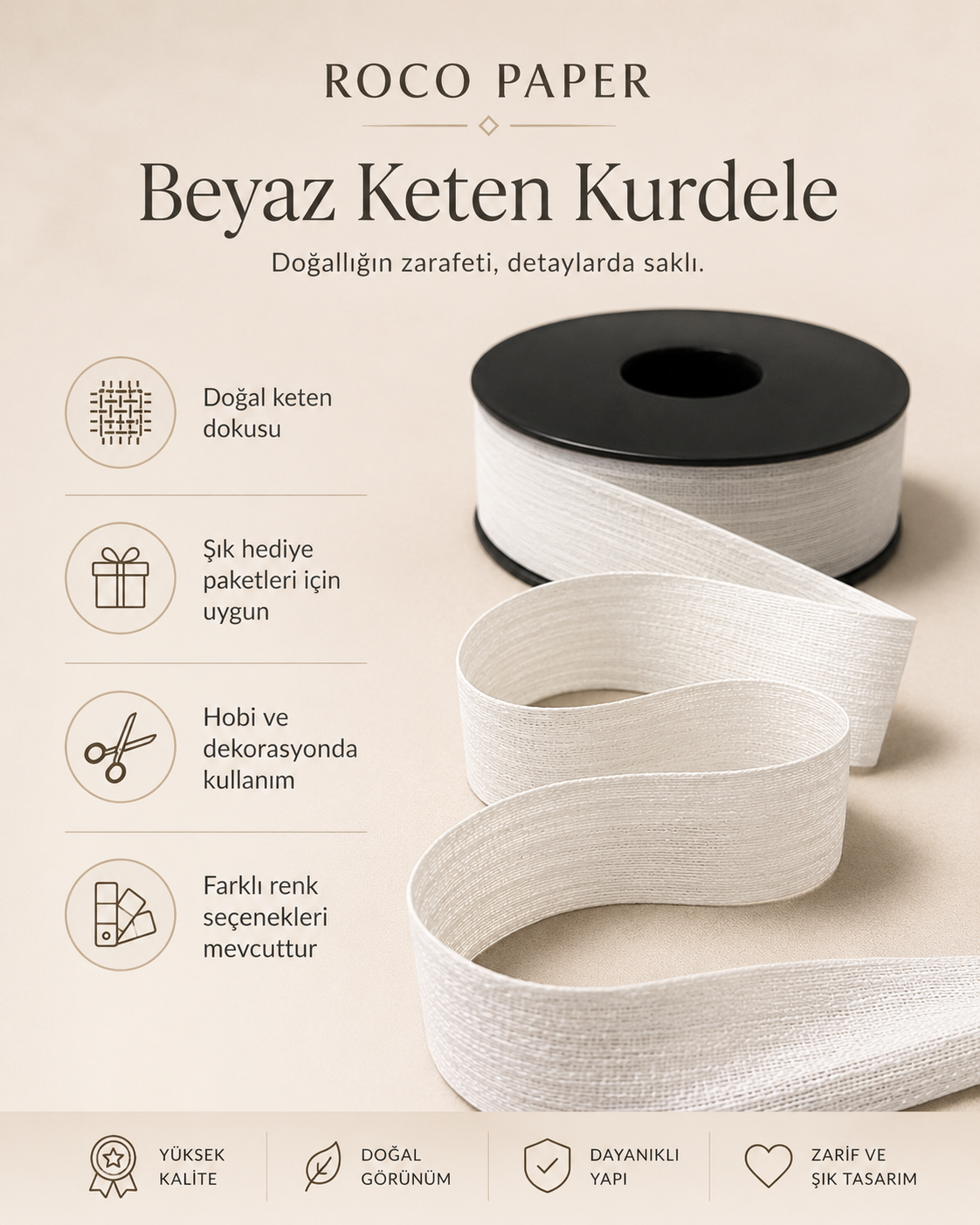 Keten Kurdela 2.5 cm - 20 metre Beyaz