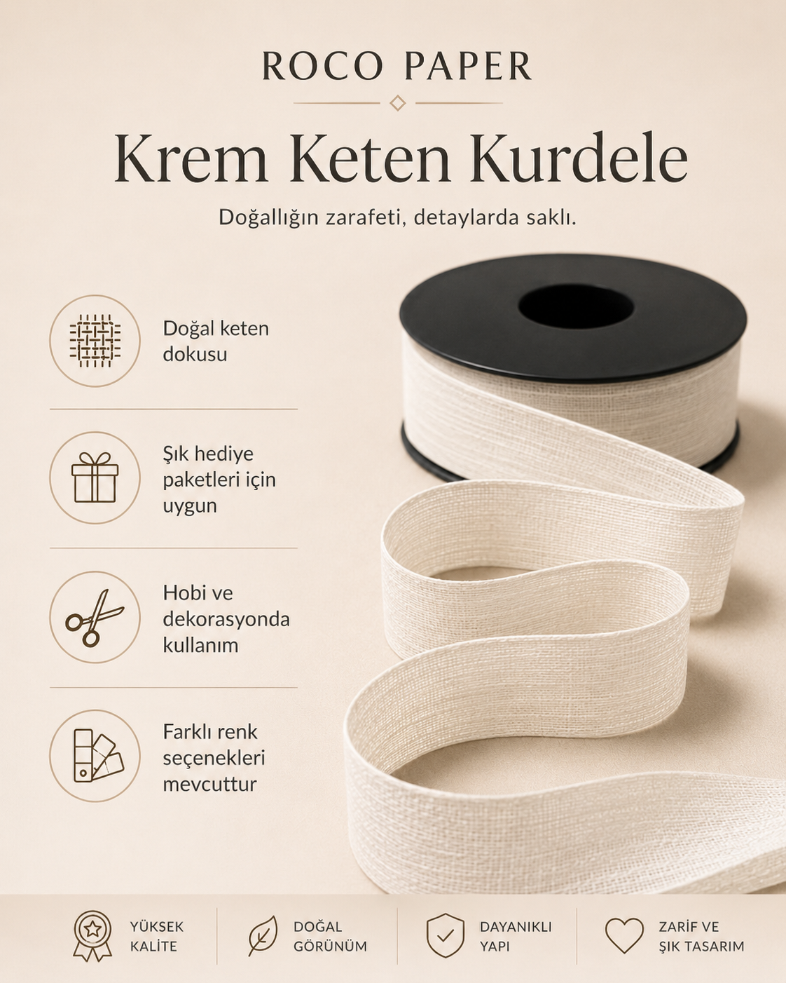 Keten Kurdela 2.5 cm - 20 metre Krem
