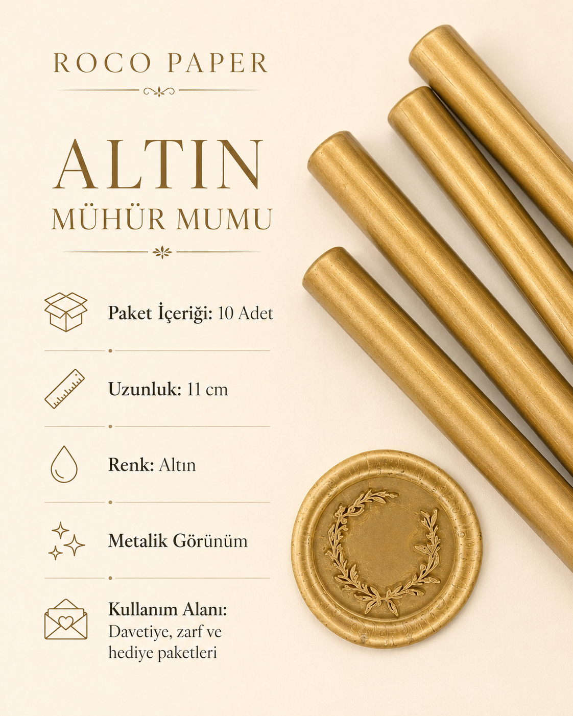 Mühür Mumu Silindir 10 cm 10'lu Paket (Silikon Tabancası Uyumlu) Altın