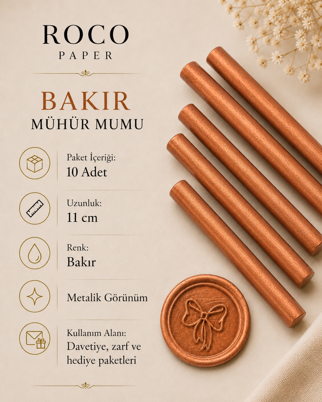 Mühür Mumu Silindir 10 cm 10'lu Paket (Silikon Tabancası Uyumlu) Bakır