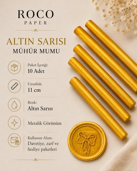 Mühür Mumu Silindir 10 cm 10'lu Paket (Silikon Tabancası Uyumlu) Altın Sarısı Parlak