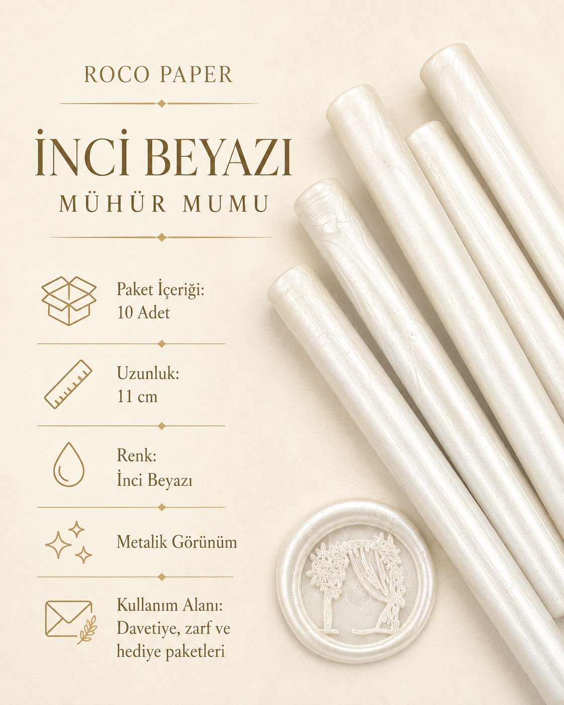 Mühür Mumu Silindir 10 cm 10'lu Paket (Silikon Tabancası Uyumlu) İnci Beyazı
