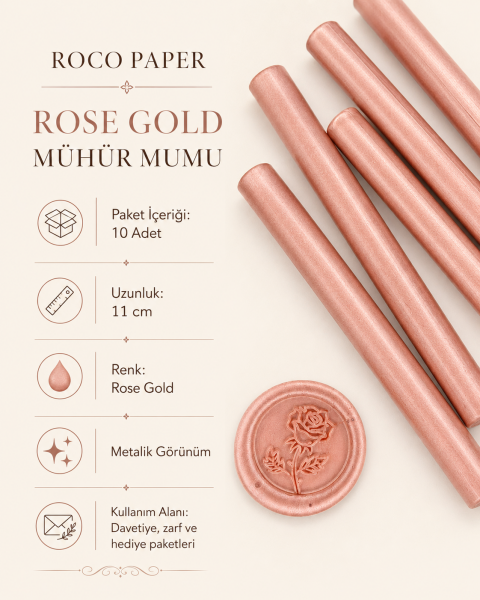 Mühür Mumu Silindir 10 cm 10'lu Paket (Silikon Tabancası Uyumlu) Rose Gold