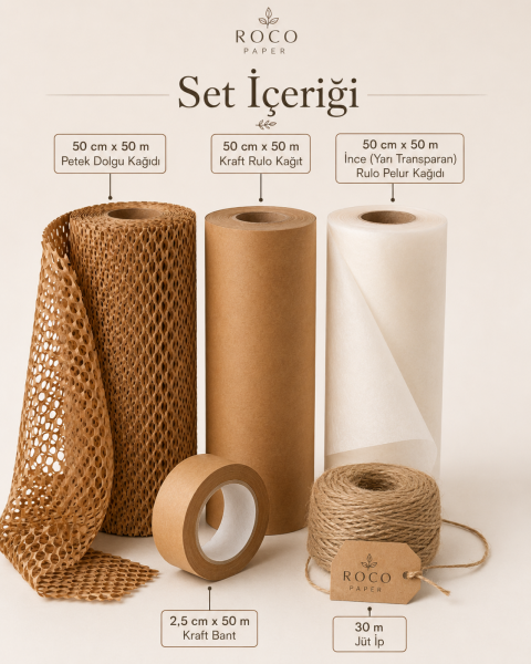 Kraft Rulo Ambalaj Paketleme Seti Petek Kağıt, Kraft Kağıt, Pelur Kağıt, Bant ve Jüt İp