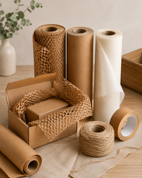 Kraft Rulo Ambalaj Paketleme Seti Petek Kağıt, Kraft Kağıt, Pelur Kağıt, Bant ve Jüt İp