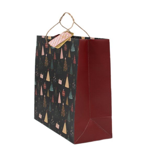 Renkli Yılbaşı Ağaç Desenli Karton Çanta 33x32x13cm Emb5