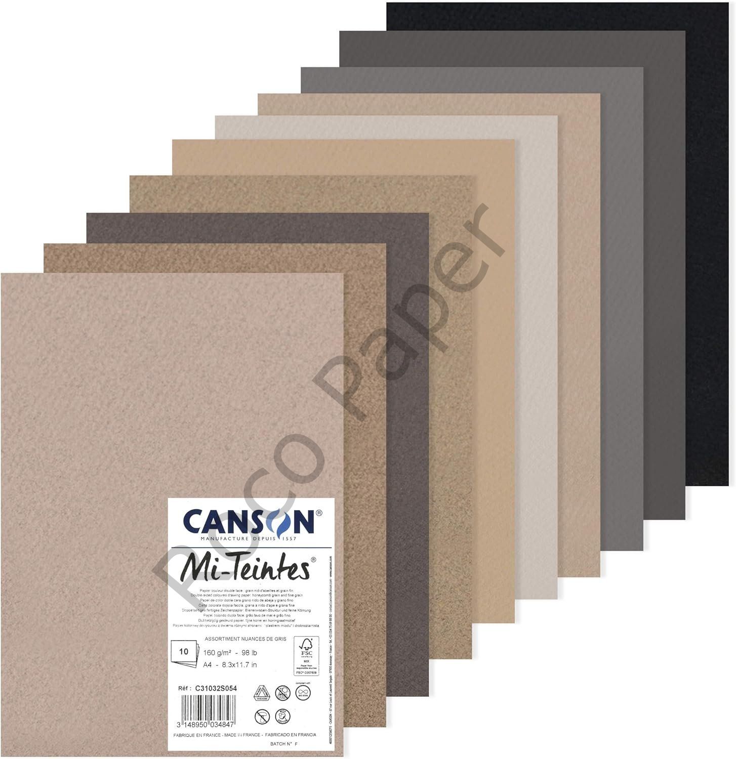 CANSON Mi-Teintes 160gr 50x65cm Çizim Kağıt Çift Taraflı Petek ve İnce Taneli 10 Assorted Renkler