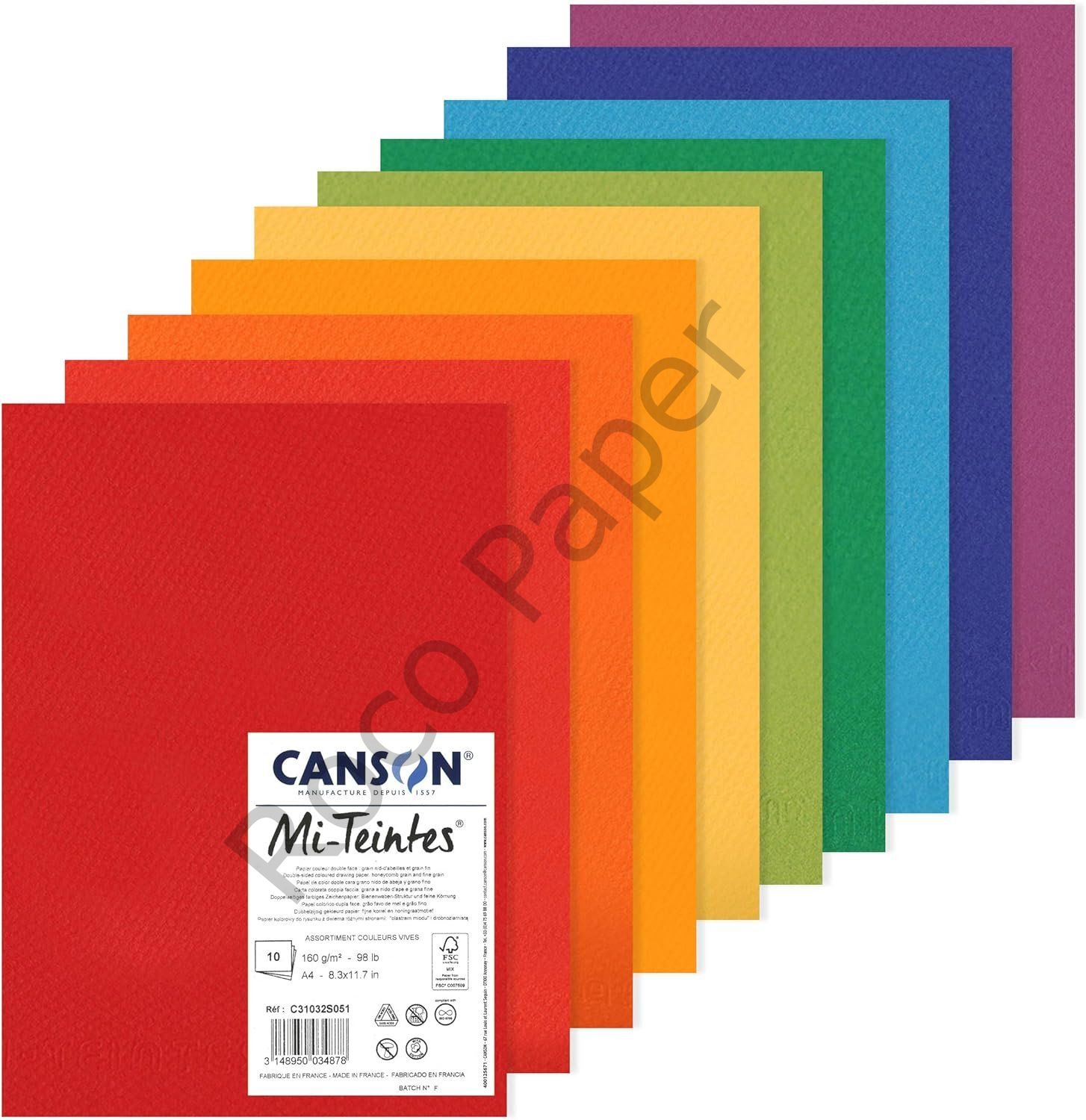 CANSON Mi-Teintes 160gr 50x65cm Çizim Kağıt Çift Taraflı Petek ve İnce Taneli 10 Canlı Renkler
