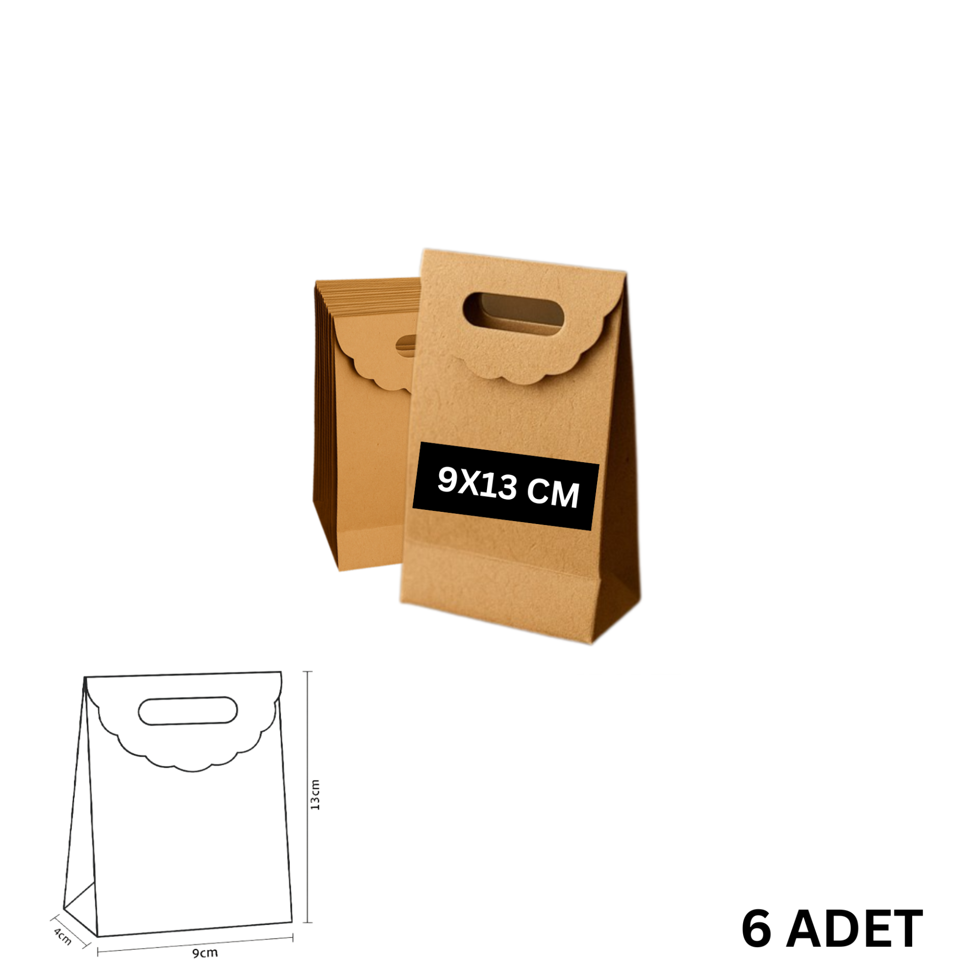 El Geçme Kraft Çanta, Hediye, Alışveriş, Butik, Parti ve Paketleme Çantası, 9x13 Cm, 6 Adet