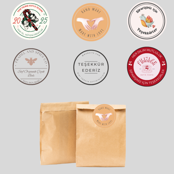 Özelleştirilebilir Yuvarlak Kesim Sticker – Hediye Paketi, Ambalaj, El Yapımı Ürün Etiketi Beyaz Baskı (1+0 Beyaz) - 4*4 cm - 70 Adet - Şeffaf