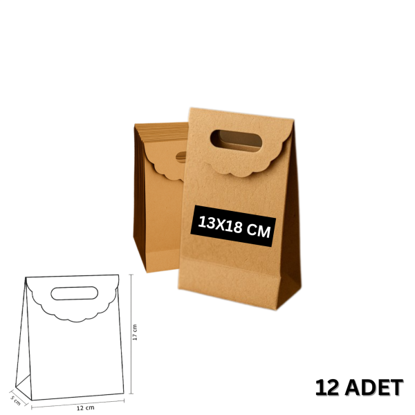 El Geçme Kraft Çanta, Hediye, Alışveriş, Butik, Parti ve Paketleme Çantası, 13 x18 Cm, 12 Adet