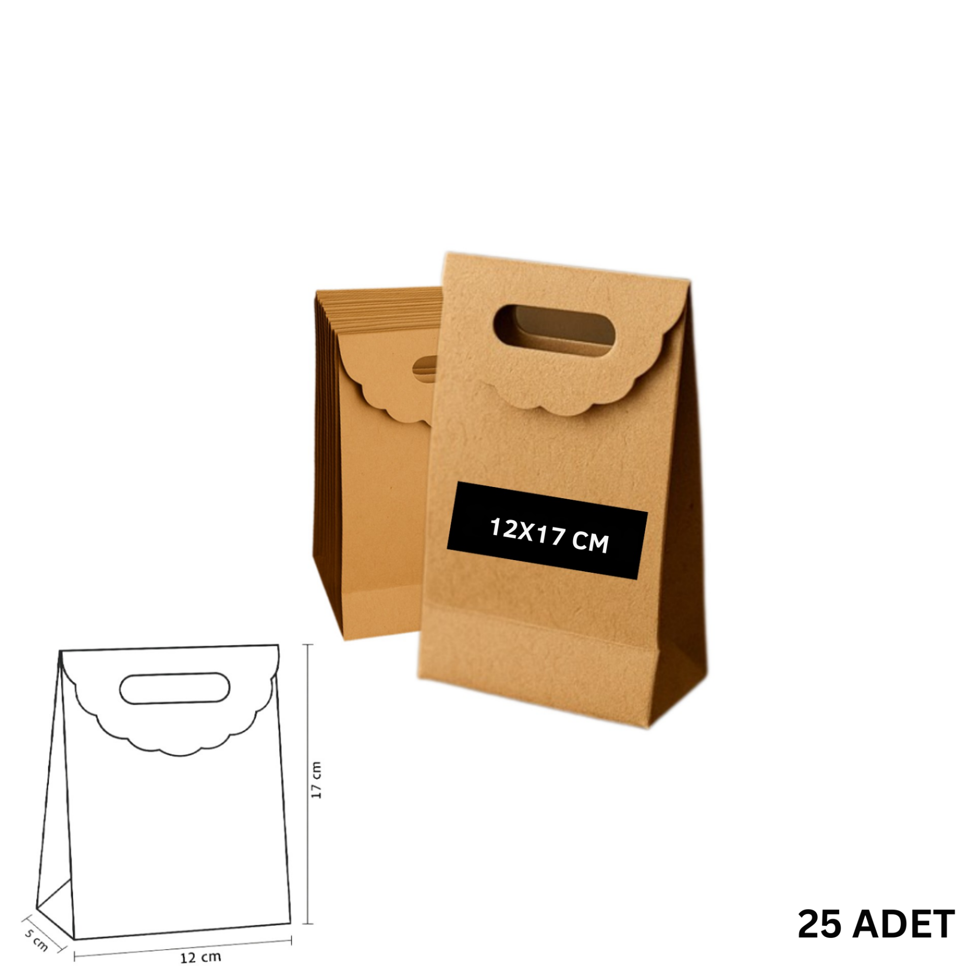 El Geçme Kraft Çanta, Hediye, Alışveriş, Butik, Parti ve Paketleme Çantası, 12 x17 Cm, 25 Adet