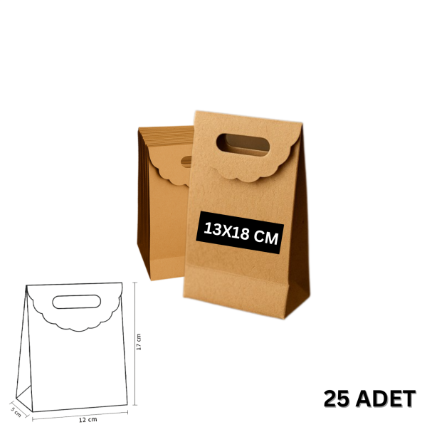El Geçme Kraft Çanta, Hediye, Alışveriş, Butik, Parti ve Paketleme Çantası, 13 x18 Cm, 25 Adet