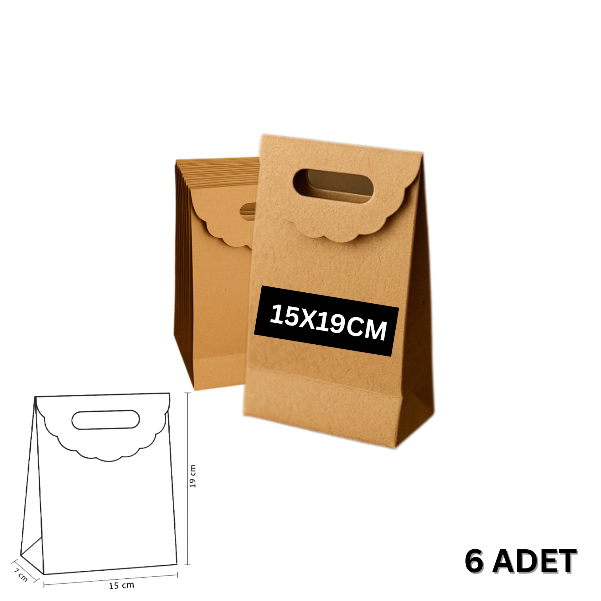 El Geçme Kraft Çanta, Hediye, Alışveriş, Butik, Parti ve Paketleme Çantası, 15x19 Cm, 6 Adet