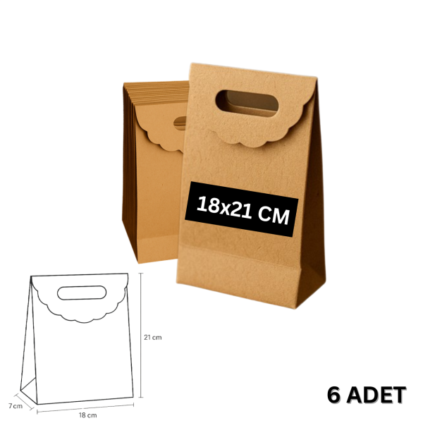 El Geçme Kraft Çanta, Hediye, Alışveriş, Butik, Parti ve Paketleme Çantası, 18x21 Cm, 6 Adet