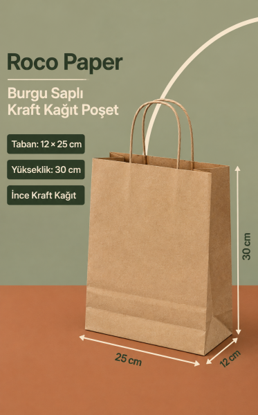 Kraft Kağıt Çanta Büküm Saplı 25x31x12 cm (25'li Paket) Orta Boy 
