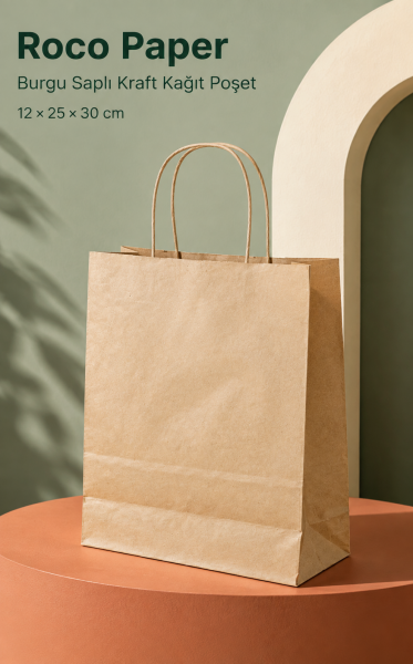 Kraft Kağıt Çanta Büküm Saplı 25x31x12 cm (25'li Paket) Orta Boy